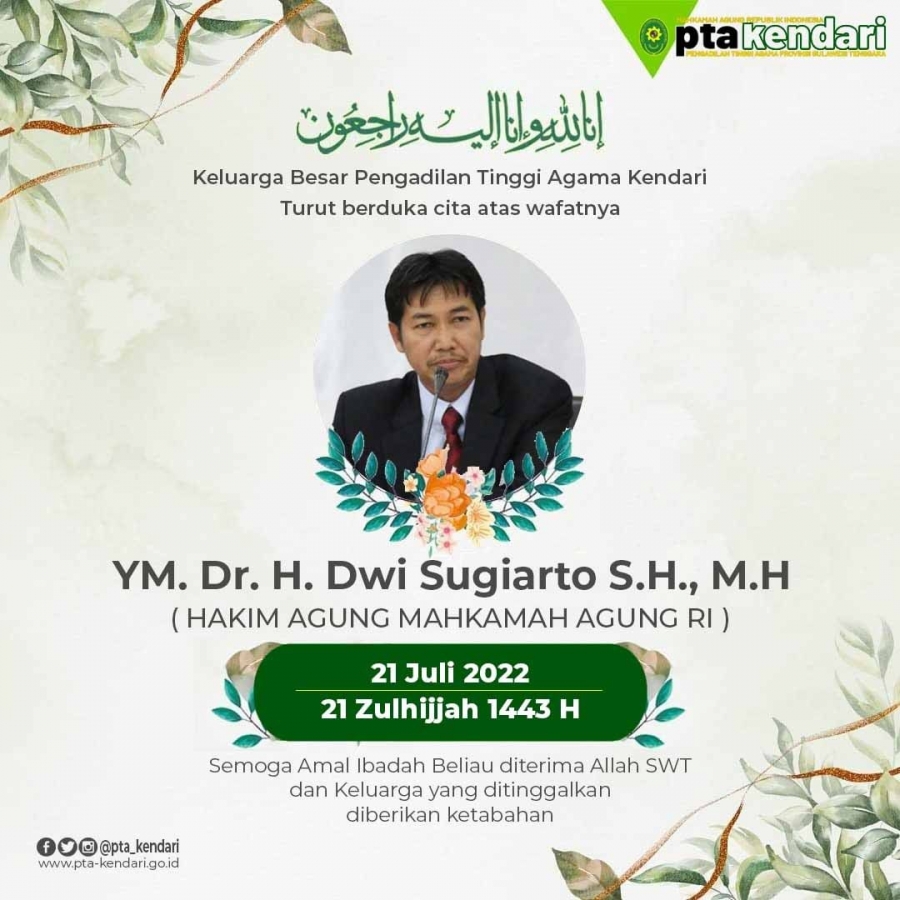 Duka Cita Atas Wafatnya YM. Dr. H. Dwi Sugiarto, S.H., M.H.
