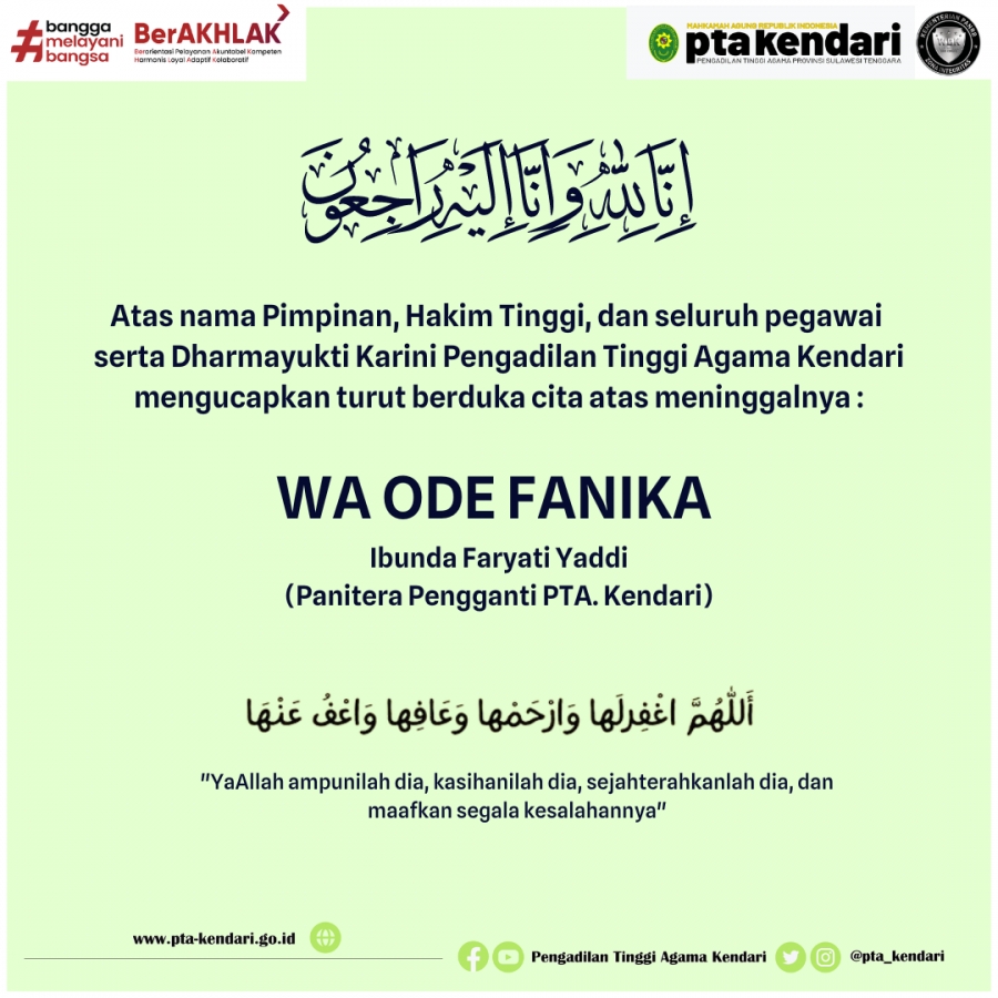 Ucapan Turut Berduka Cita Atas Meninggalnya Ibunda Faryati Yaddi (Panitera Pengganti PTA. Kendari)